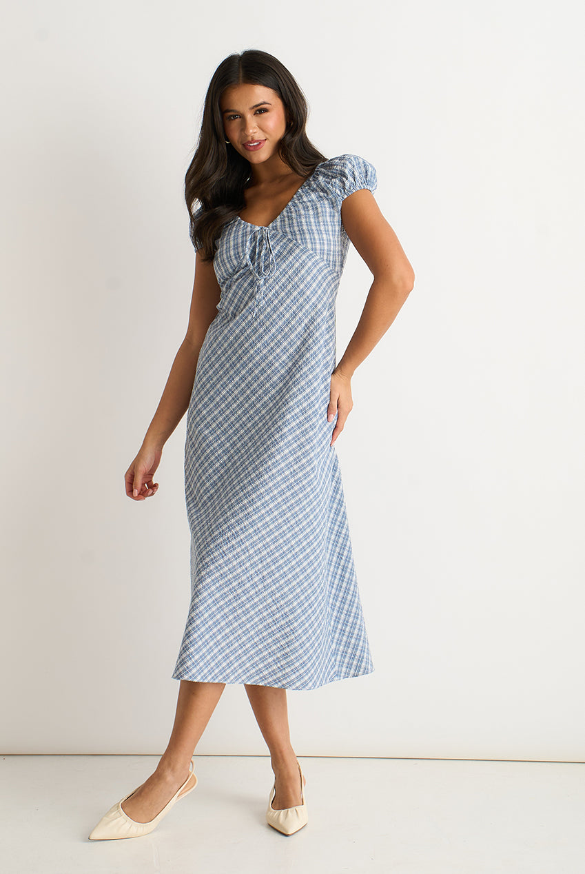 Blue V Neck Textured Gingham Midi Dress GL2043
