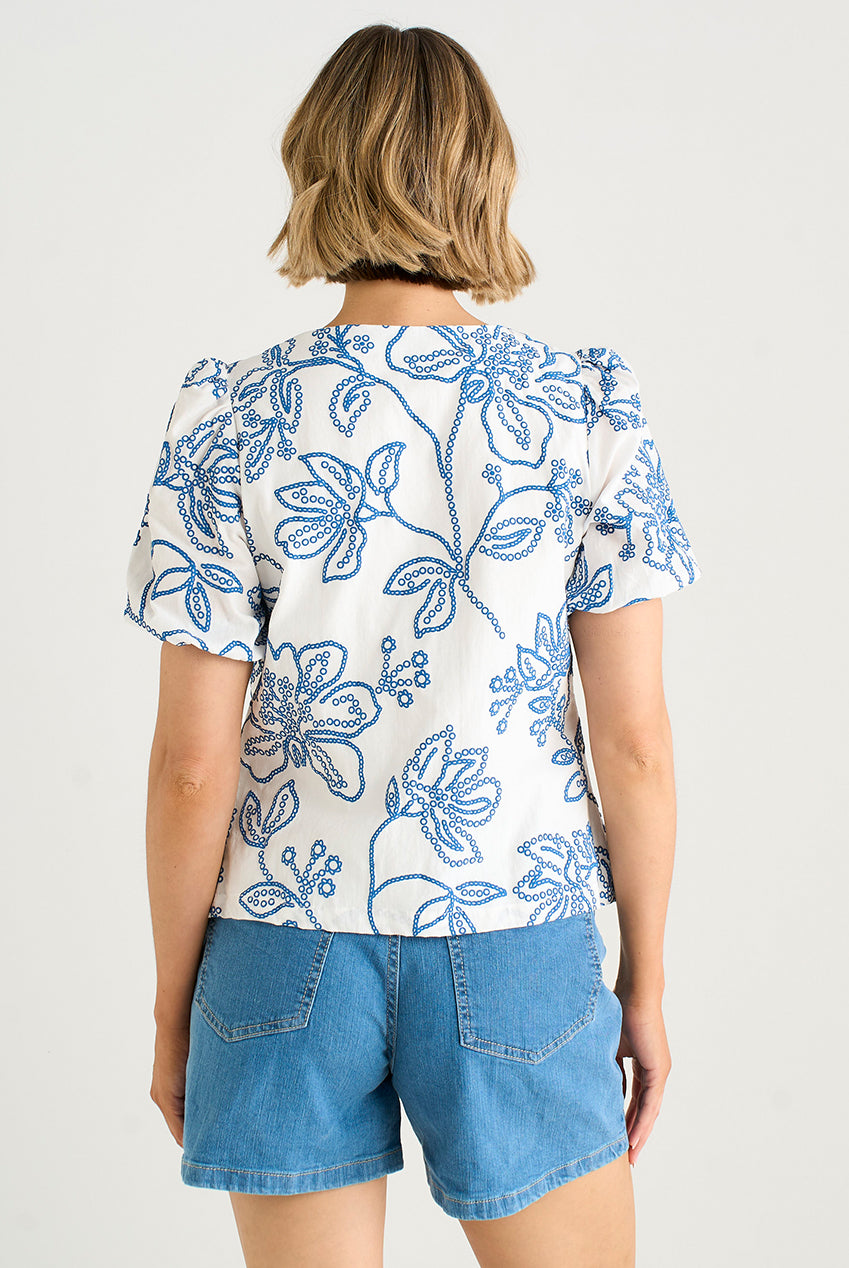 White Textured Floral Print Tie Front Top GL2044A