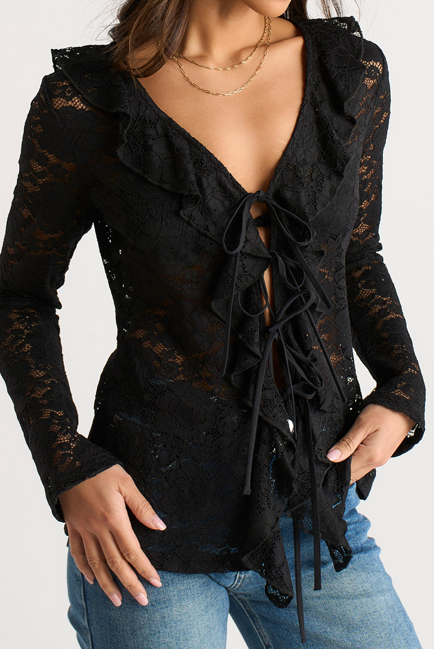 Black Jersey Lace Ruffle Tie Front Blouse GL2046