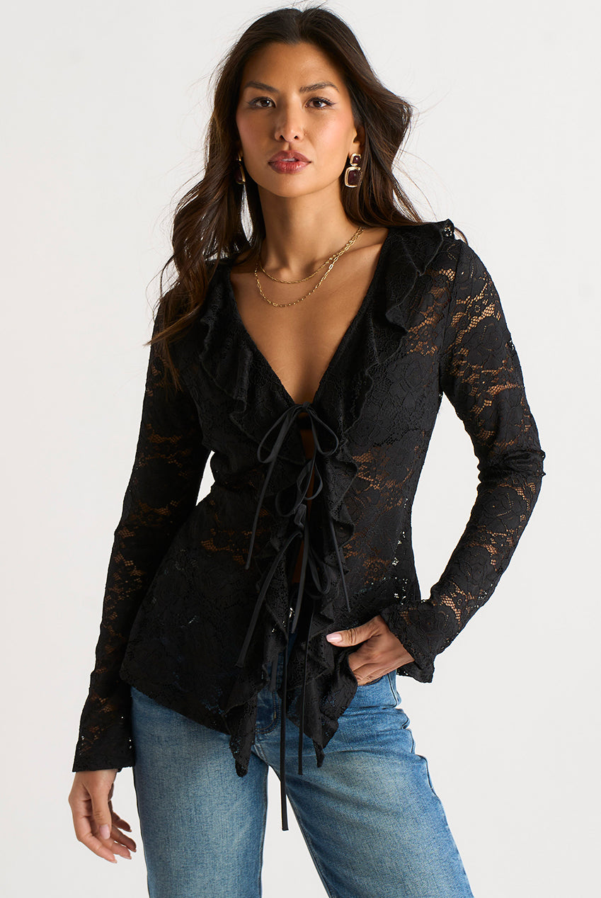Black Jersey Lace Ruffle Tie Front Blouse GL2046