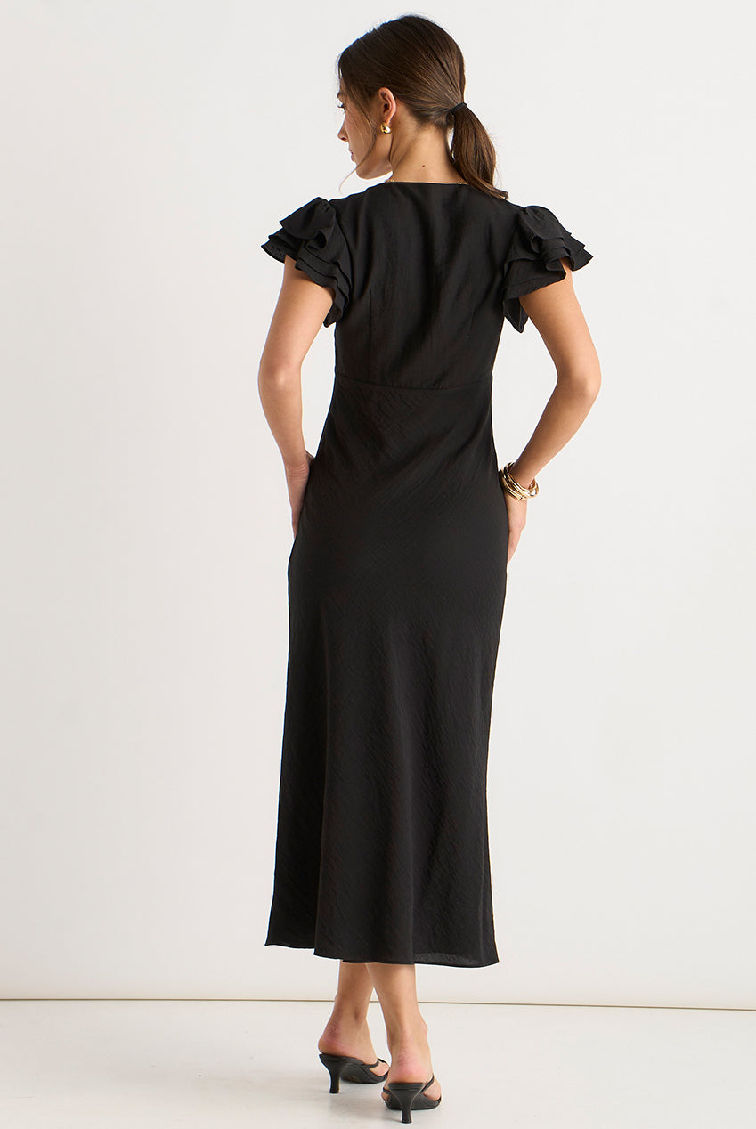 Black V Neck Ruffle Bias Midi Dress GL2048