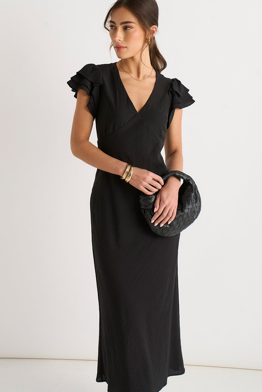 Black V Neck Ruffle Bias Midi Dress GL2048