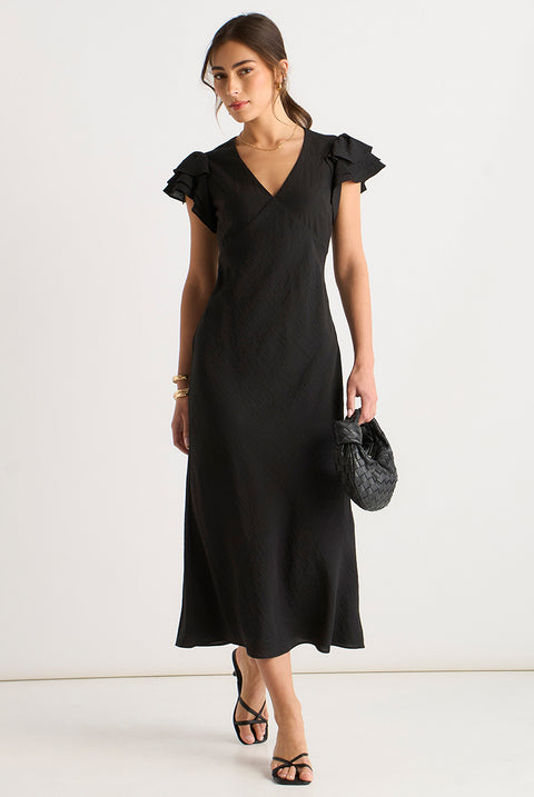Black V Neck Ruffle Bias Midi Dress by Gini London