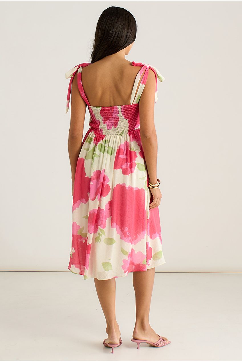 Pink Floral Tie Straps Midi Dress GL2049