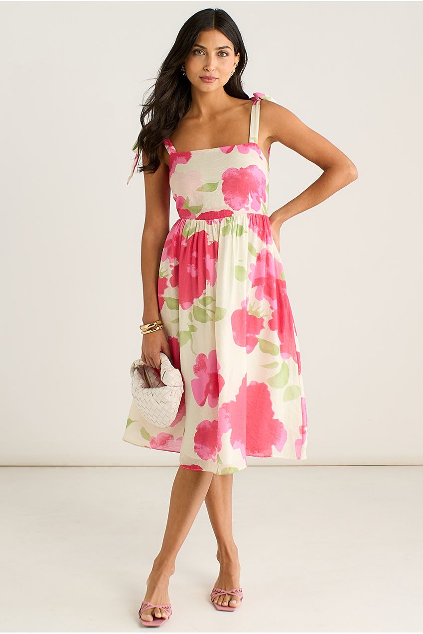 Pink Floral Tie Straps Midi Dress GL2049