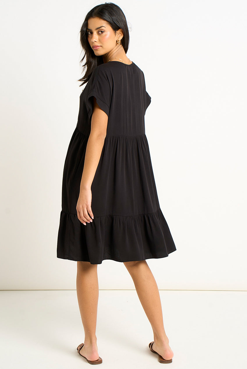 Black V Neck Tiered Mini Smock Dress GL2050