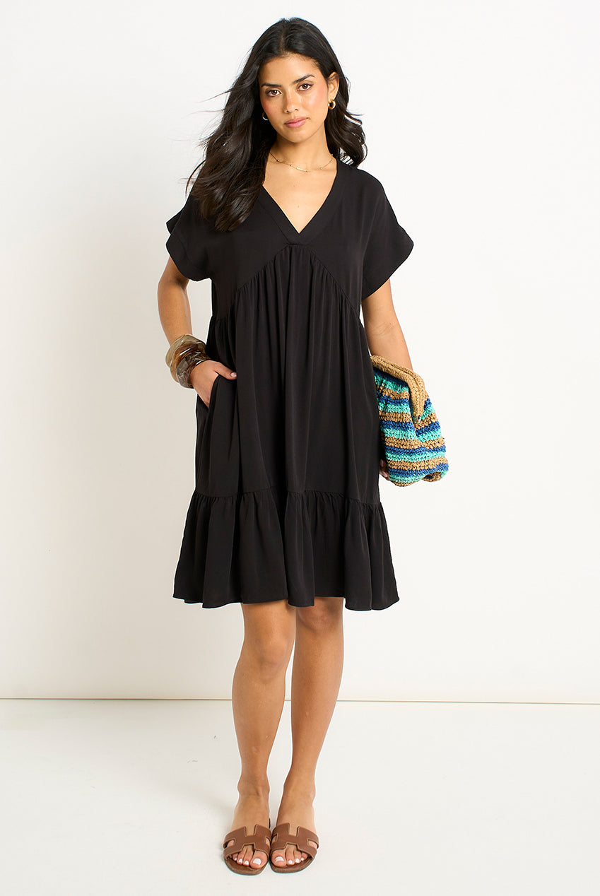 Black V Neck Tiered Mini Smock Dress GL2050