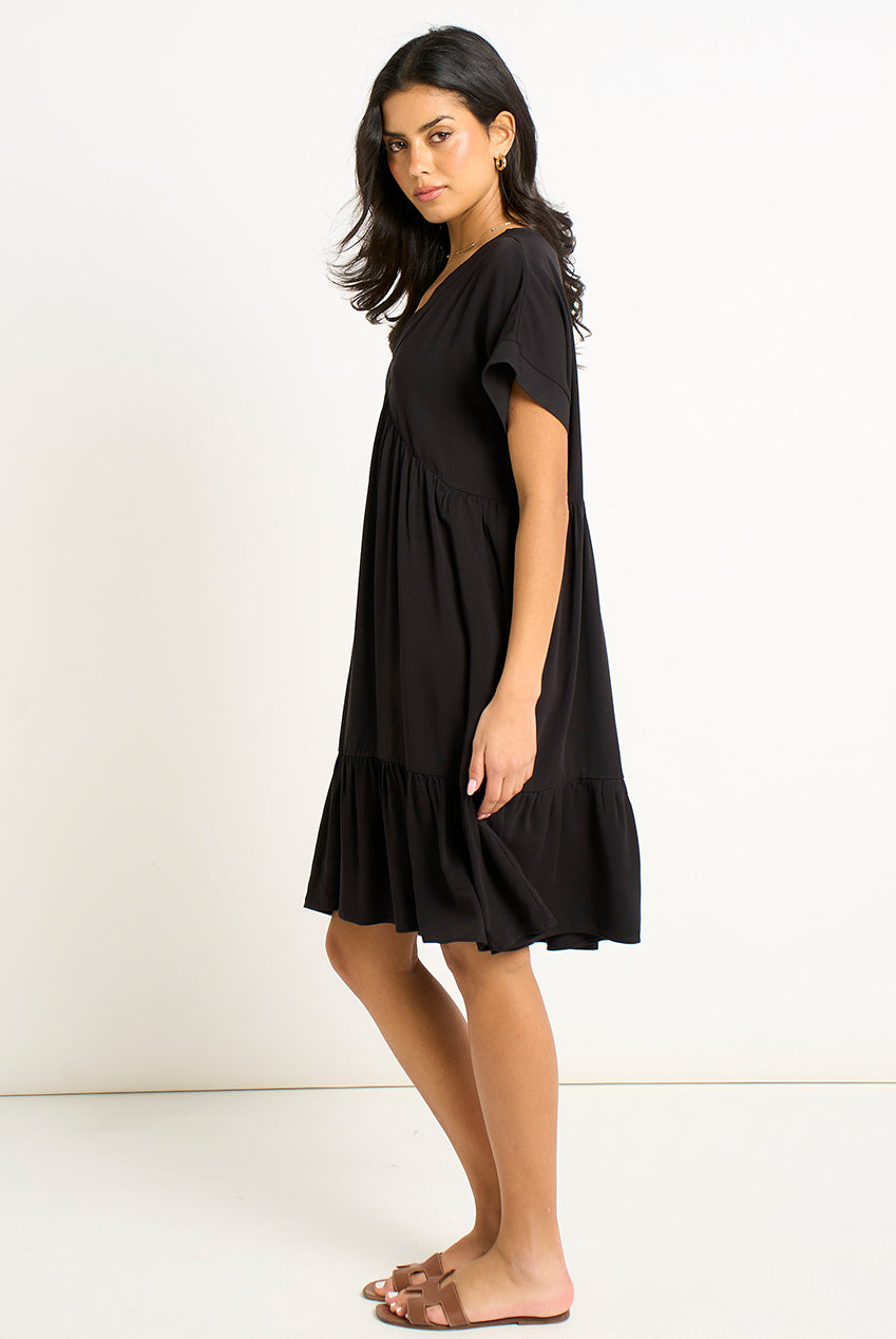 Black V Neck Tiered Mini Smock Dress GL2050