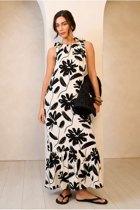 Mono Stencil Linen Mix Belted Trapeze Dress by Gini London