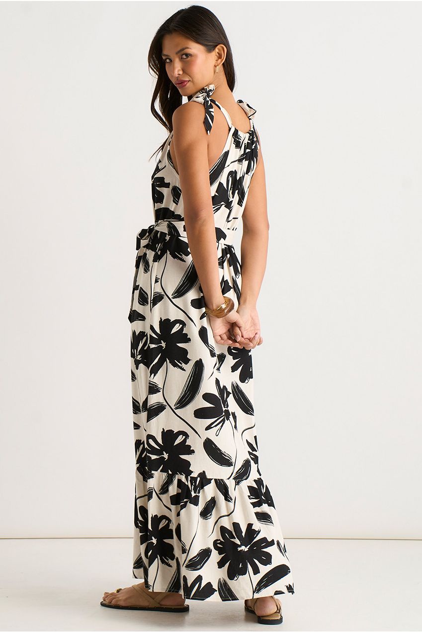 Mono Stencil Linen Mix Belted Trapeze Dress GL2052
