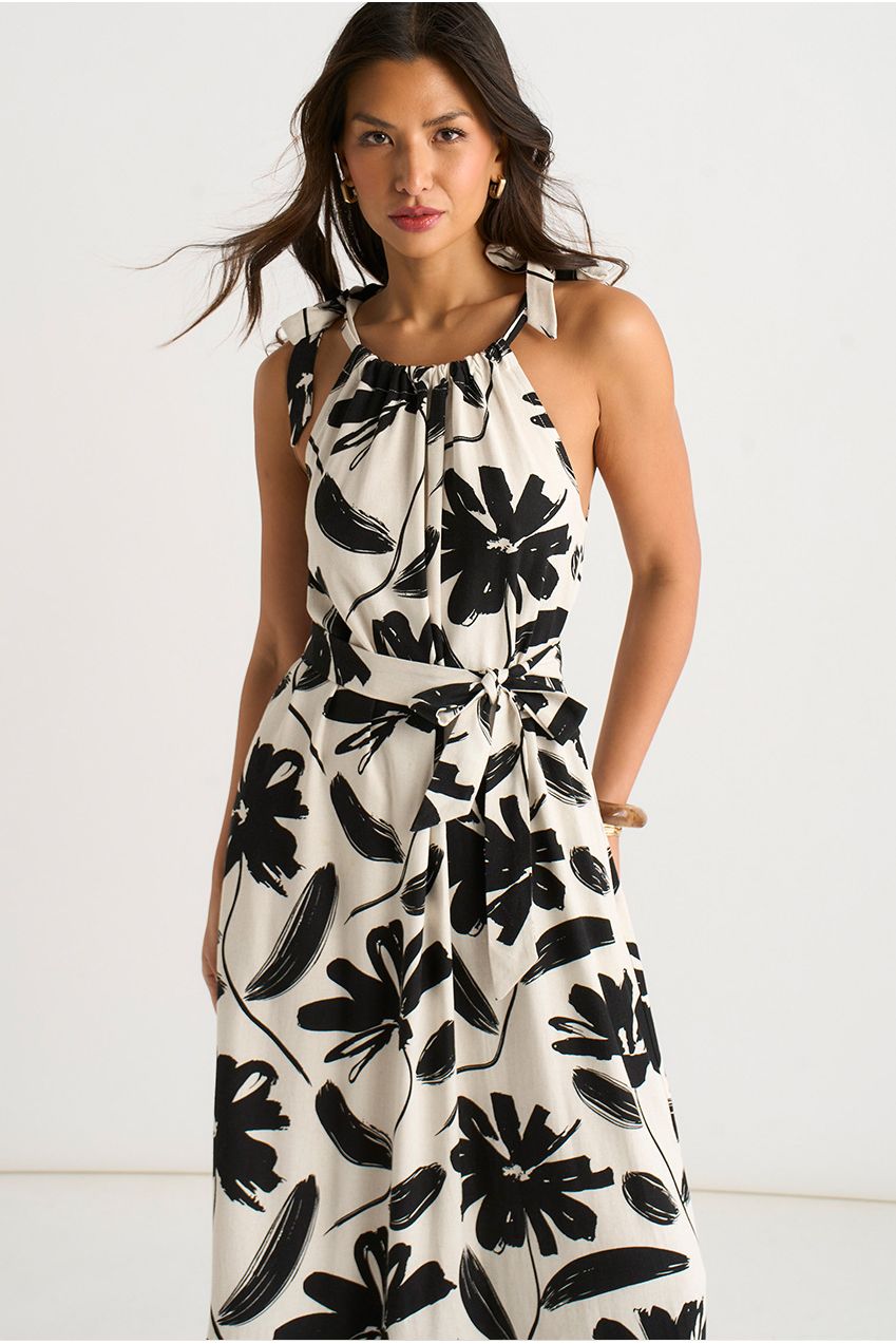 Mono Stencil Linen Mix Belted Trapeze Dress GL2052
