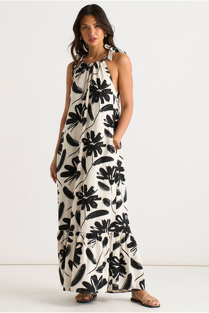 Mono Stencil Linen Mix Belted Trapeze Dress GL2052