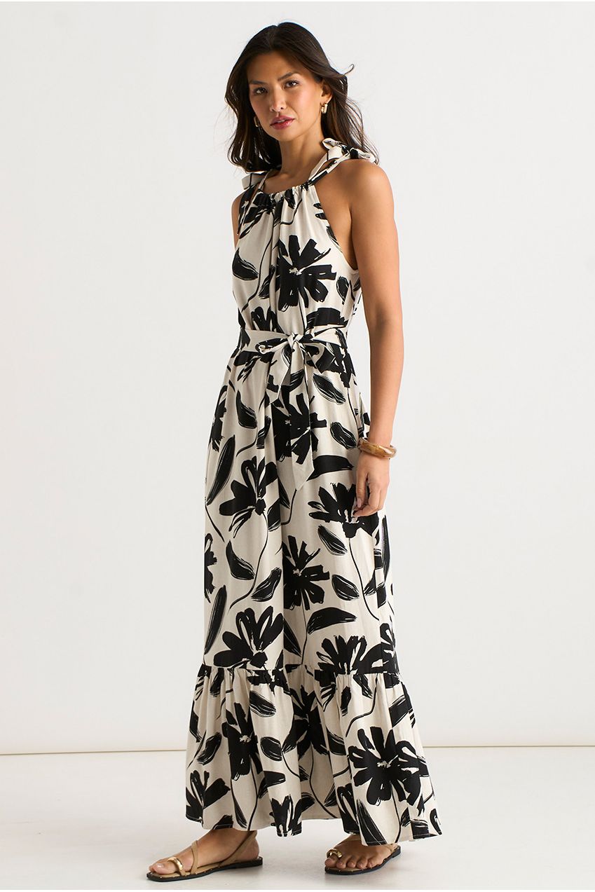 Mono Stencil Linen Mix Belted Trapeze Dress GL2052