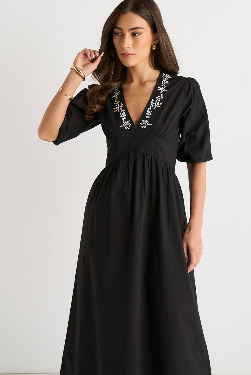 Black Puff Sleeve Cotton Embroidered Midi Dress GL2056