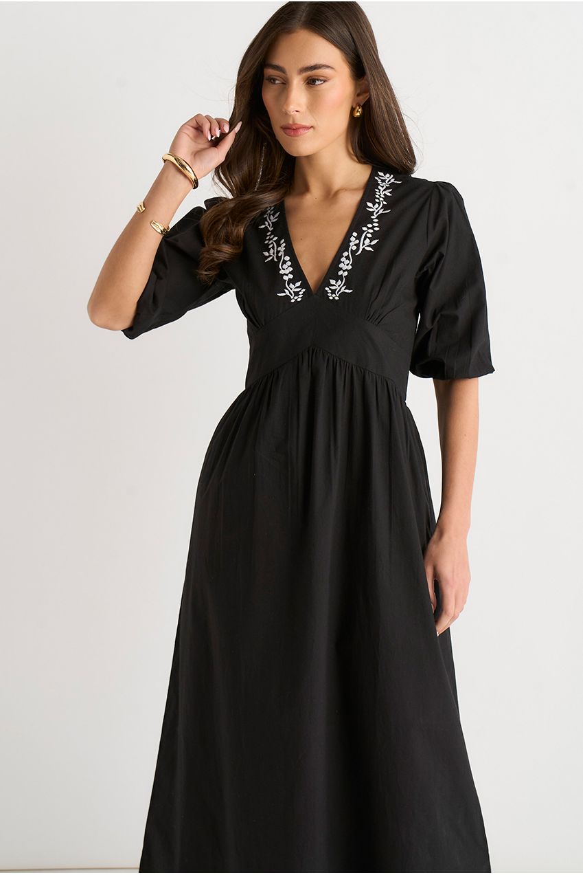 Black Puff Sleeve Cotton Embroidered Midi Dress GL2056