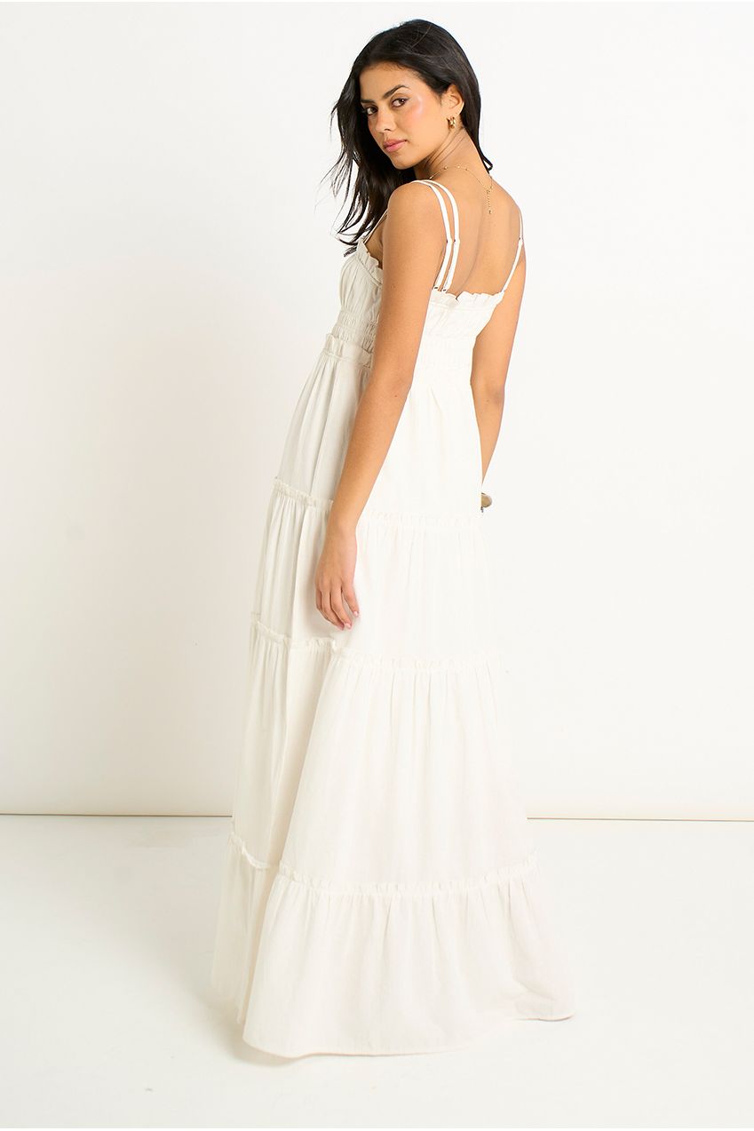 White Cotton Shirred Strappy Flare Maxi Dress GL2057