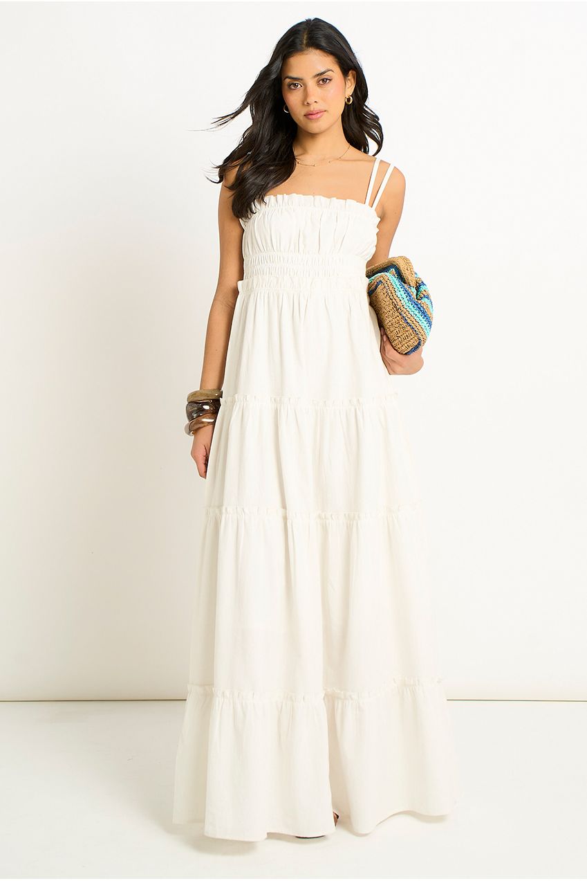 White Cotton Shirred Strappy Flare Maxi Dress