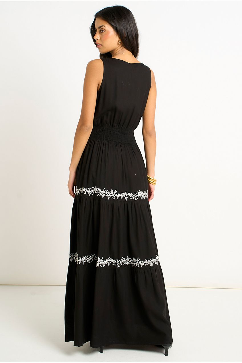 Black Floral Embroidery Tiered Maxi Dress GL2059