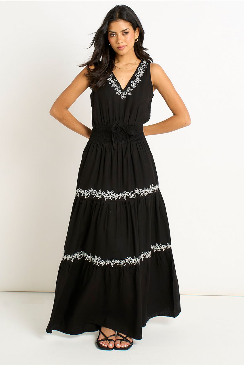 Black Floral Embroidery Tiered Maxi Dress GL2059