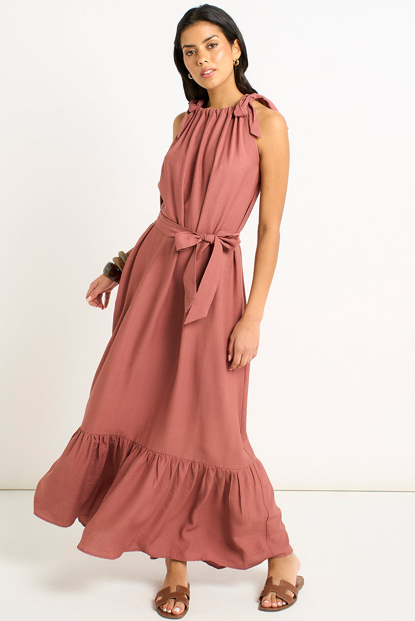 Rust Tie Shoulder Relaxed Fit Belted Maxi Dress GL2068