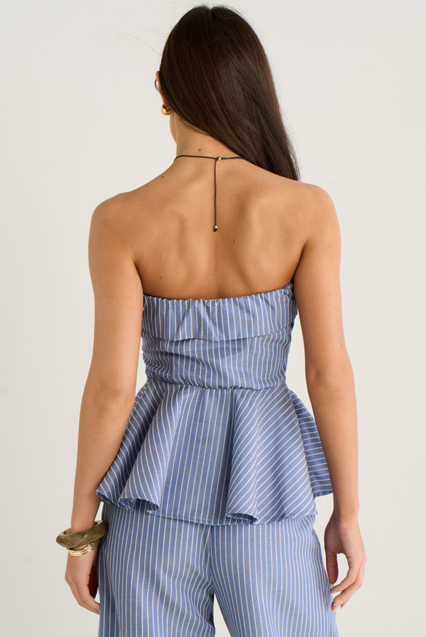 Blue Bardot Stripe Peplum Top GL2082A