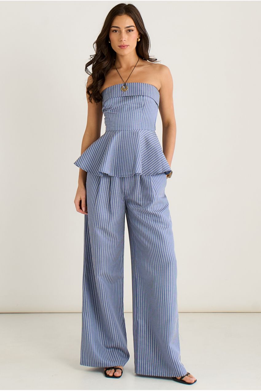 Blue Bardot Stripe Peplum Top GL2082A