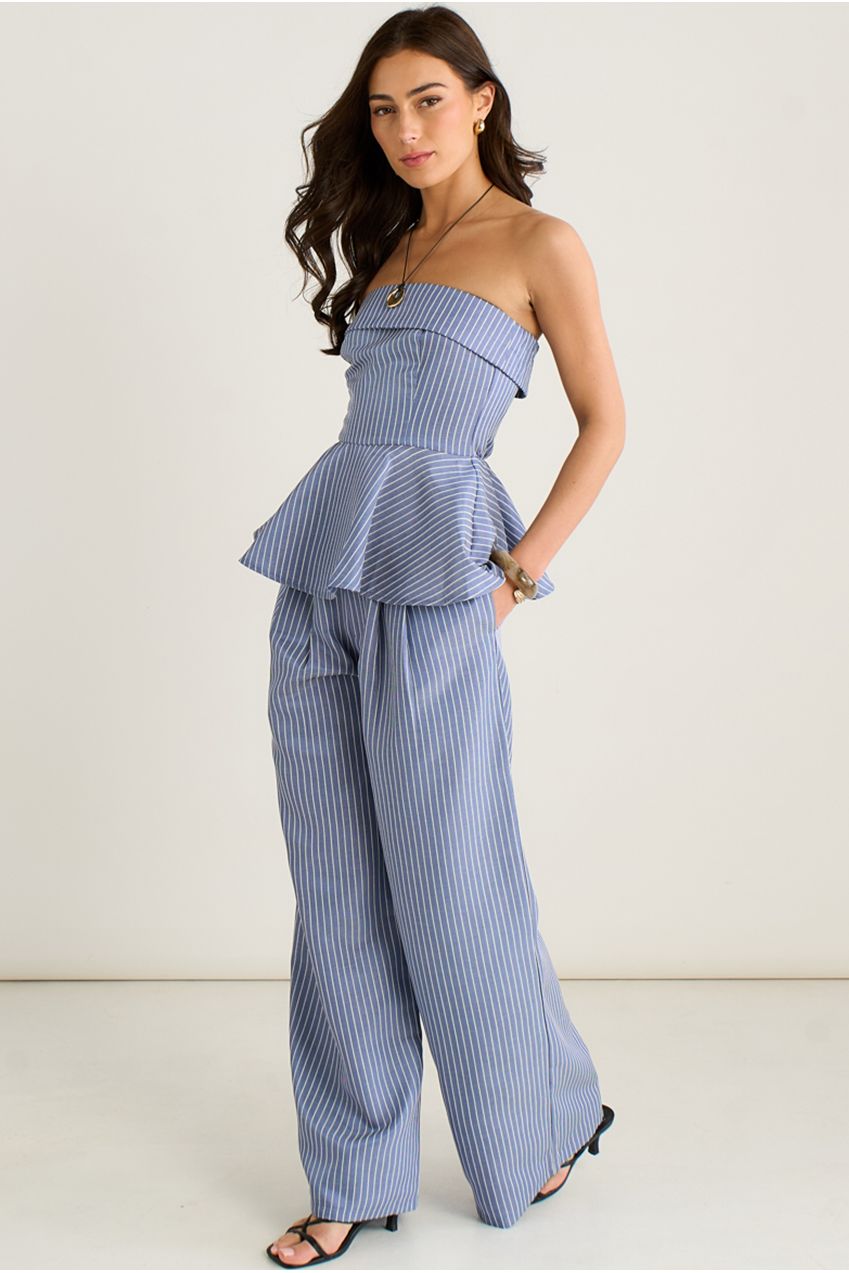 Blue Wide Leg Pleat Front Formal Trousers GL2082B