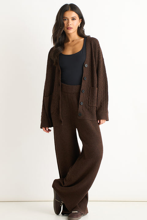 Brown Soft Knit Pull On Wide-Leg Trousers by Gini London
