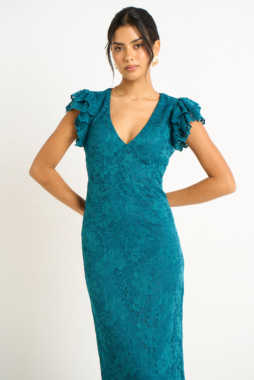 Teal Jersey Lace V Neck Ruffle Maxi Dress GL2090