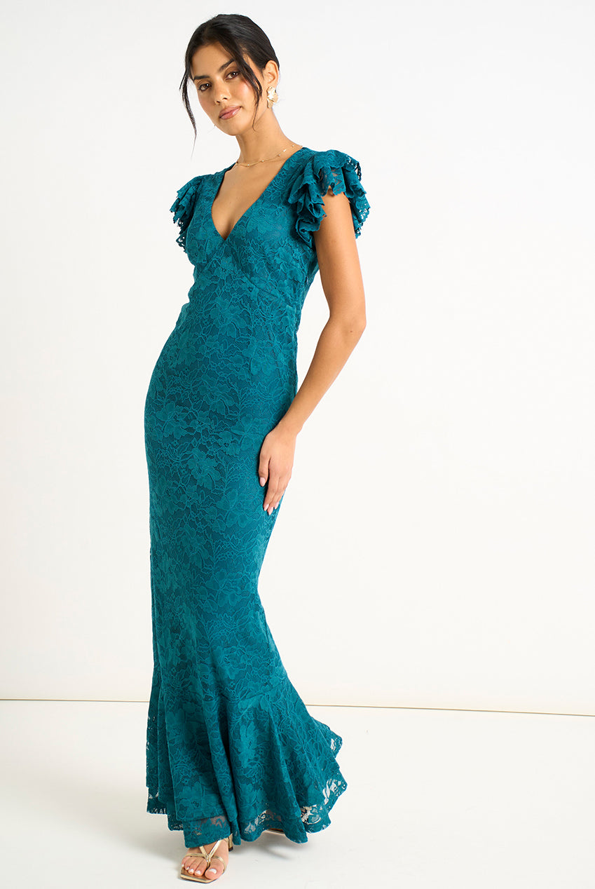 Teal Jersey Lace V Neck Ruffle Maxi Dress GL2090