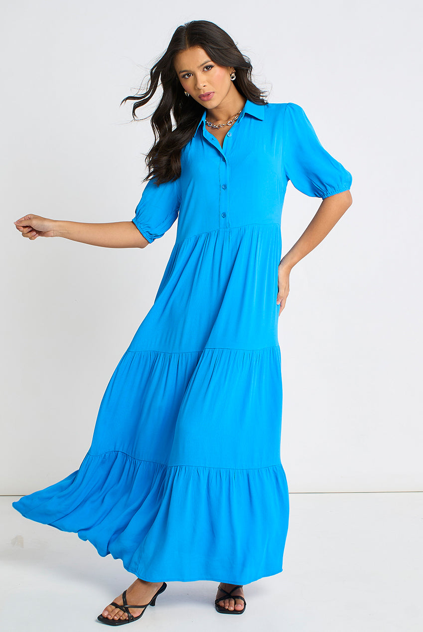 Blue Button Through Skater Maxi Dress GL2096