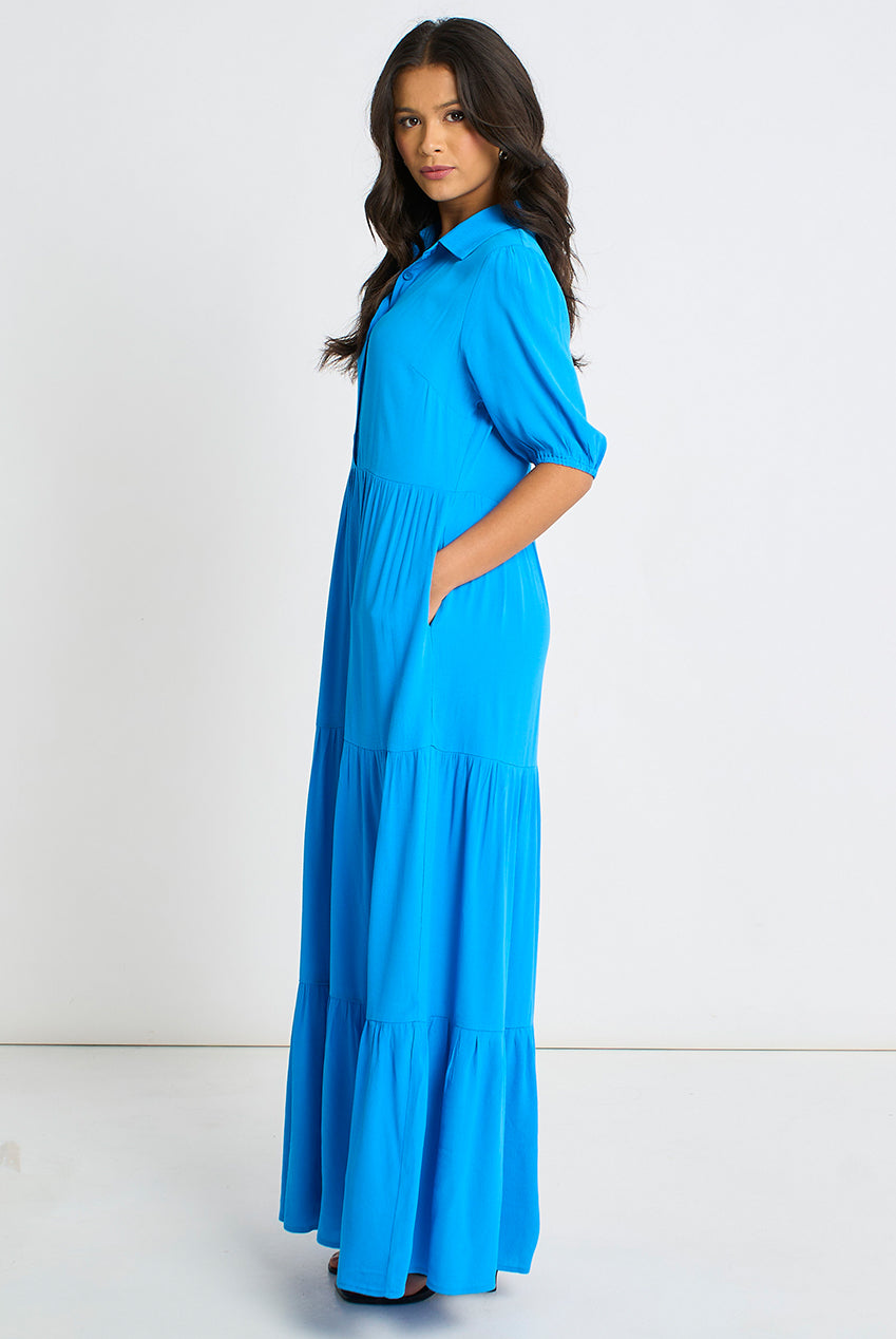 Blue Button Through Skater Maxi Dress GL2096