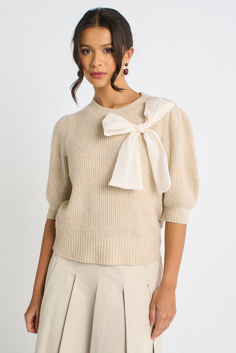 Mocha Chiffon Bow Knitted Jumper by Gini London