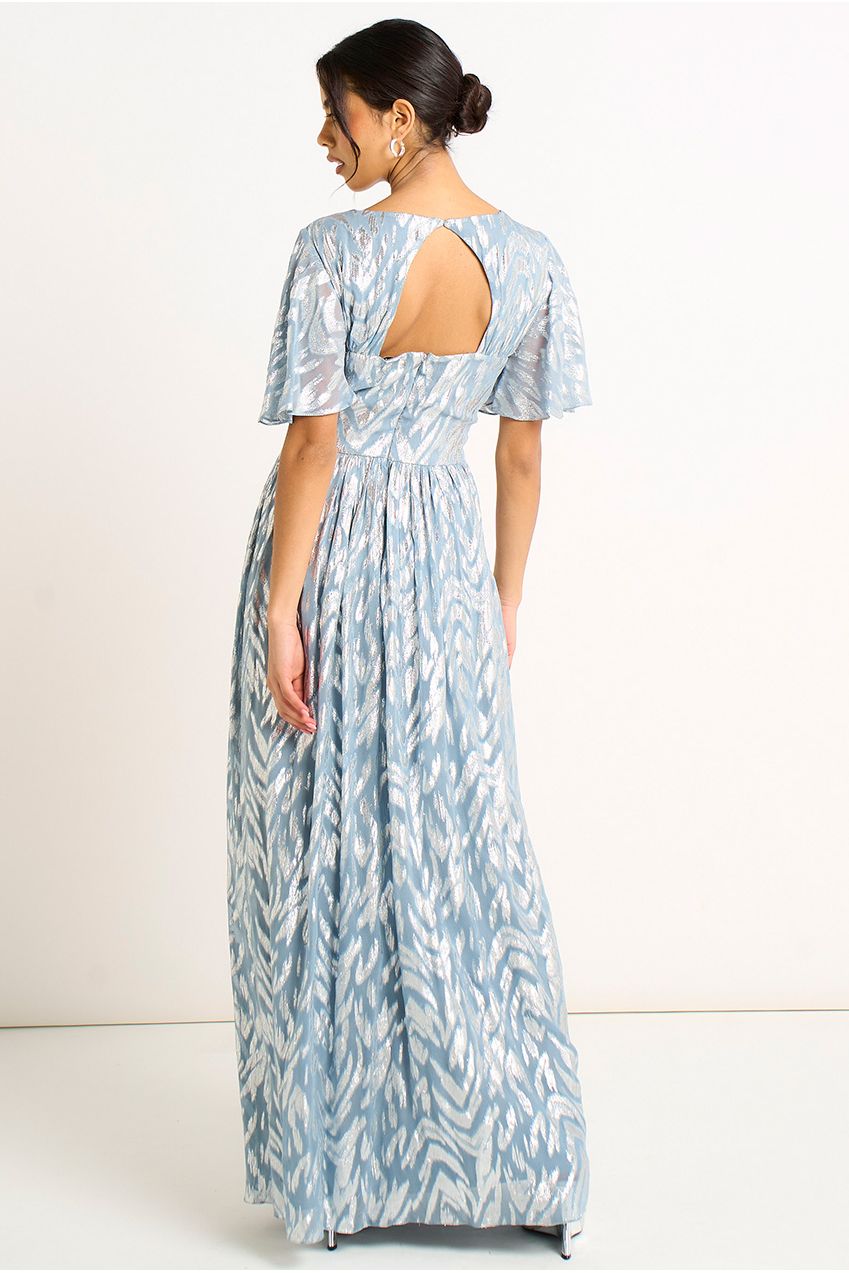 Blue Foil Metallic Print Short Sleeves Maxi Dress GL2112