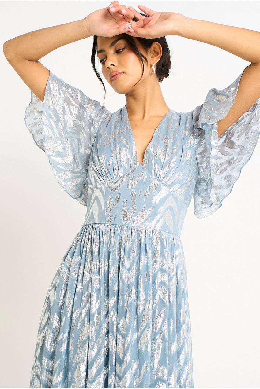 Blue Foil Metallic Print Short Sleeves Maxi Dress GL2112