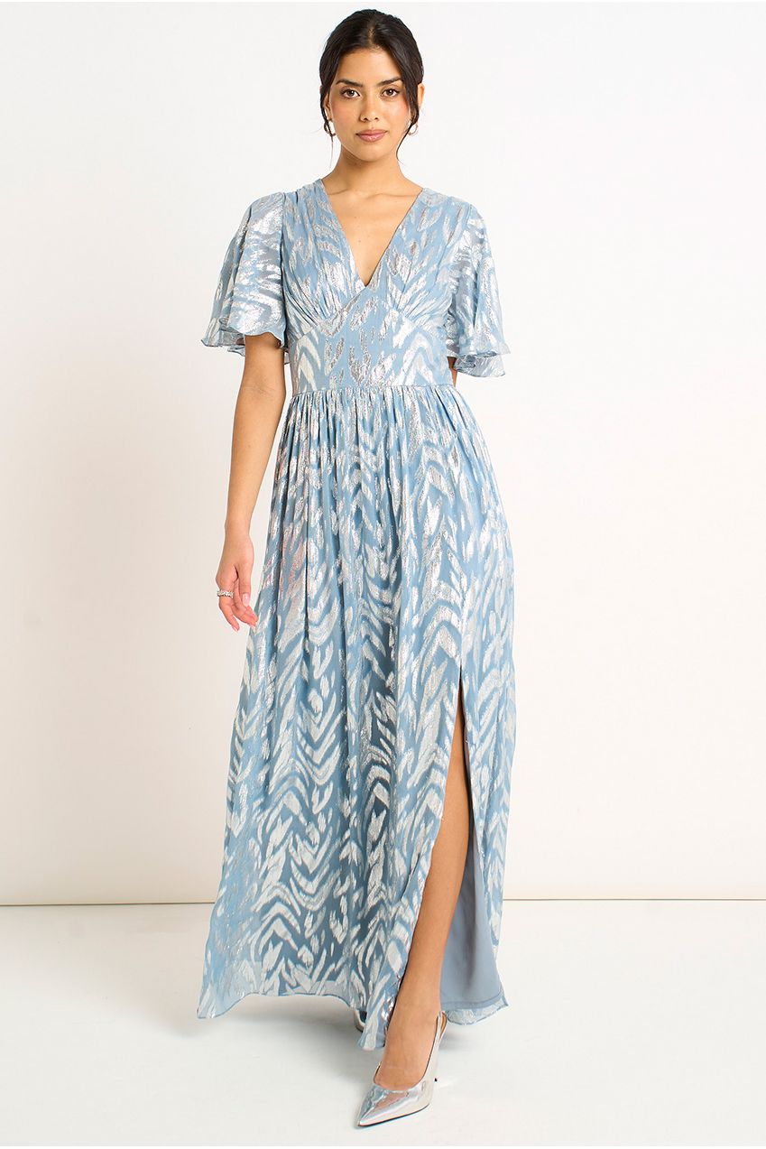Blue Foil Metallic Print Short Sleeves Maxi Dress GL2112