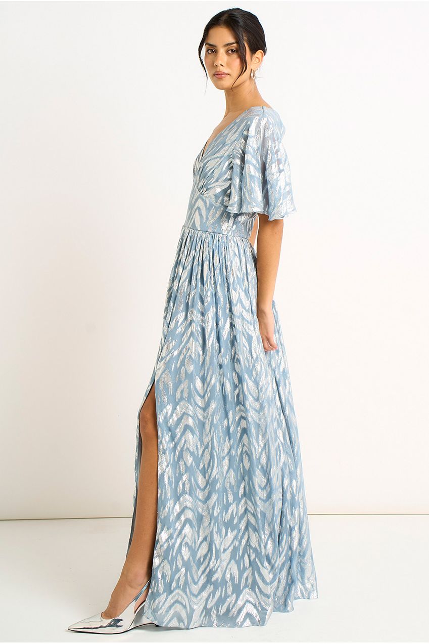 Blue Foil Metallic Print Short Sleeves Maxi Dress GL2112
