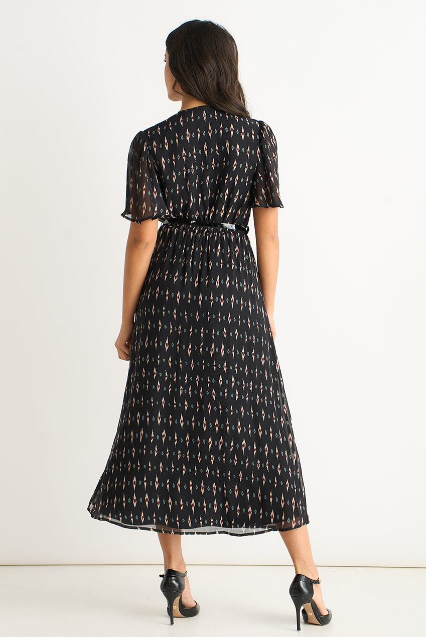 Black Silk Geo Print Midi Dress GL2113