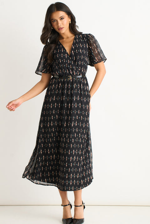 Black Silk Geo Print Midi Dress by Gini London