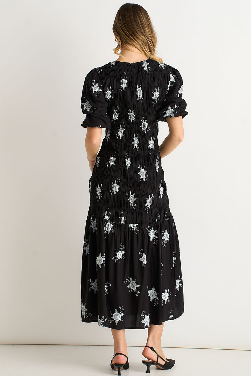 Black 3/4 Sleeves Paisley Ruched Midi Dress GL2115
