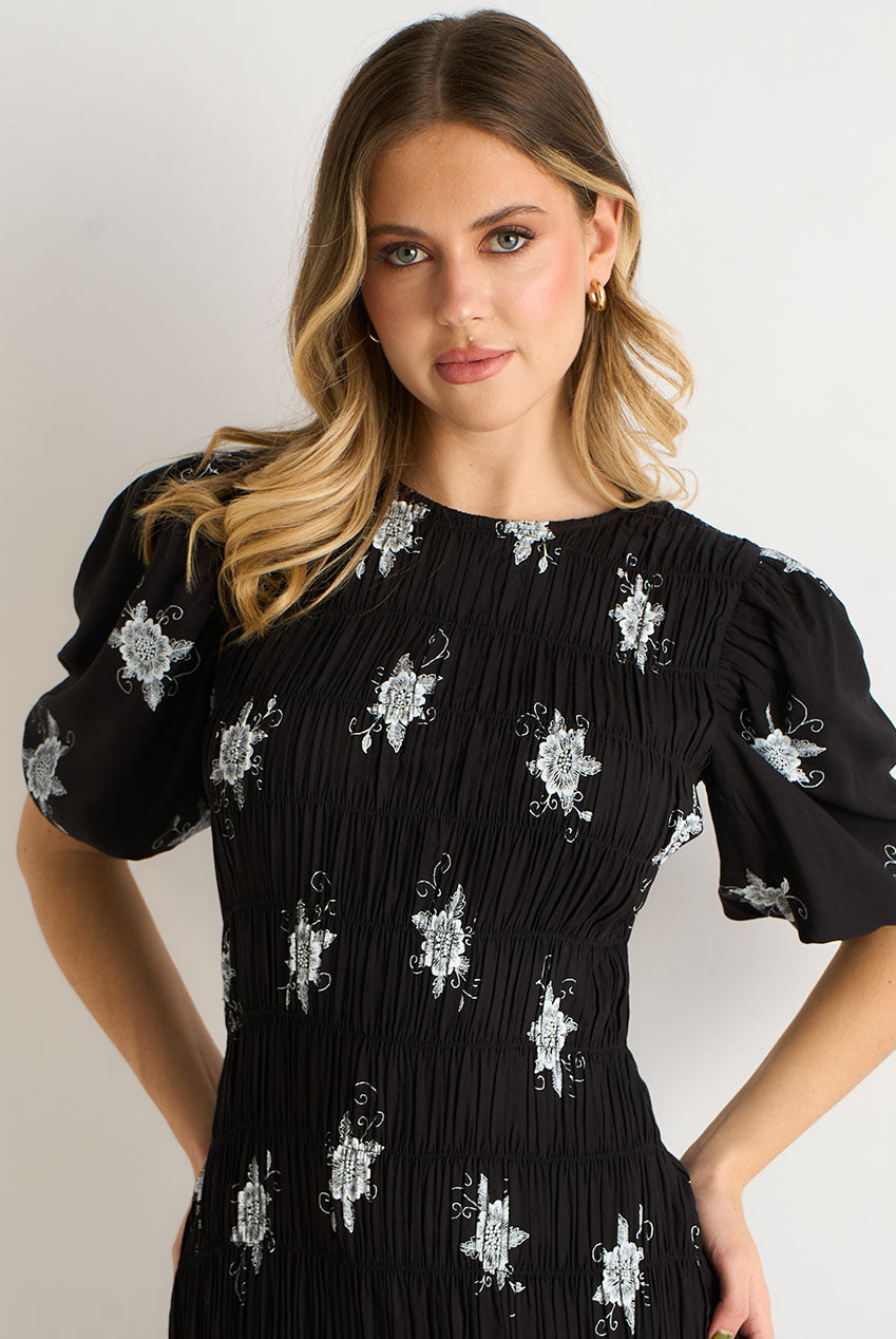 Black 3/4 Sleeves Paisley Ruched Midi Dress GL2115