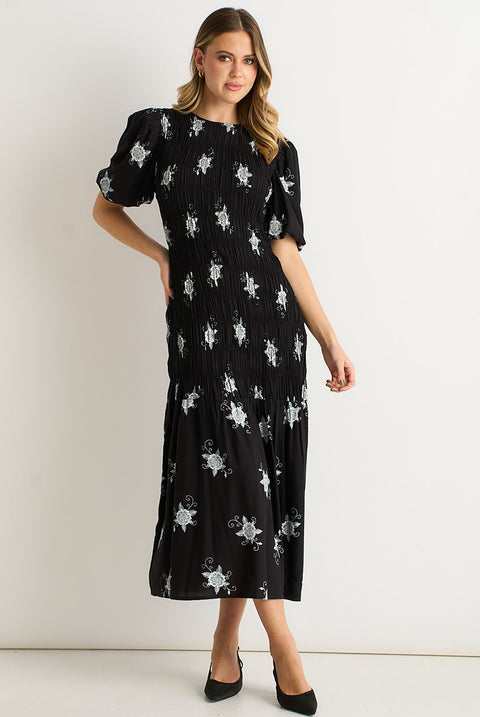 Black 3/4 Sleeves Paisley Ruched Midi Dress by Gini London
