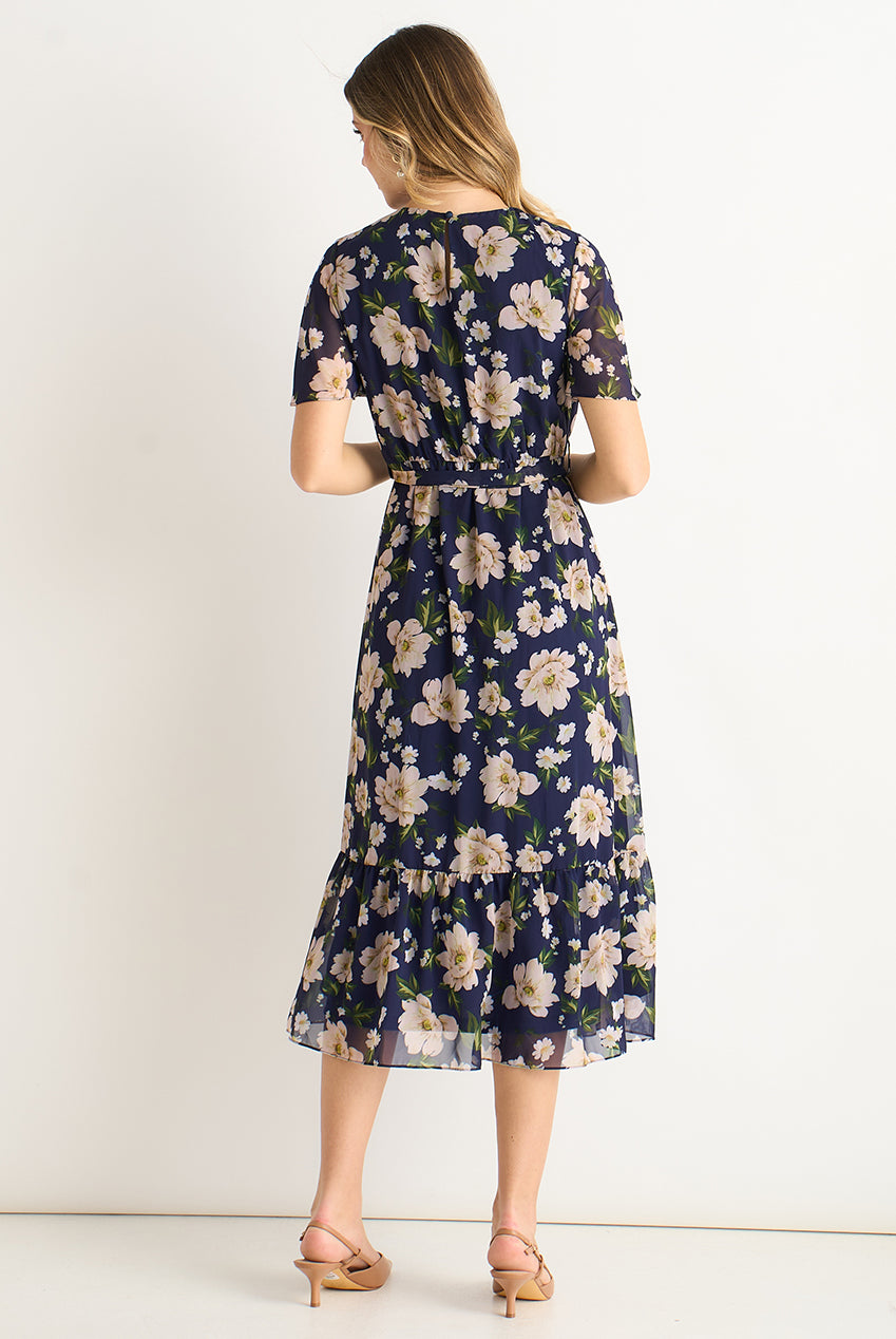Navy Floral Print Fit & Flare Midi Dress GL2119