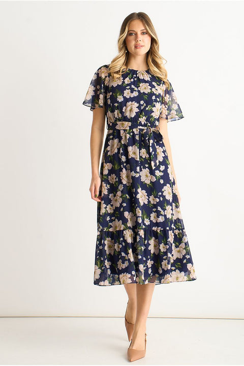 Navy Floral Print Fit & Flare Midi Dress by Gini London