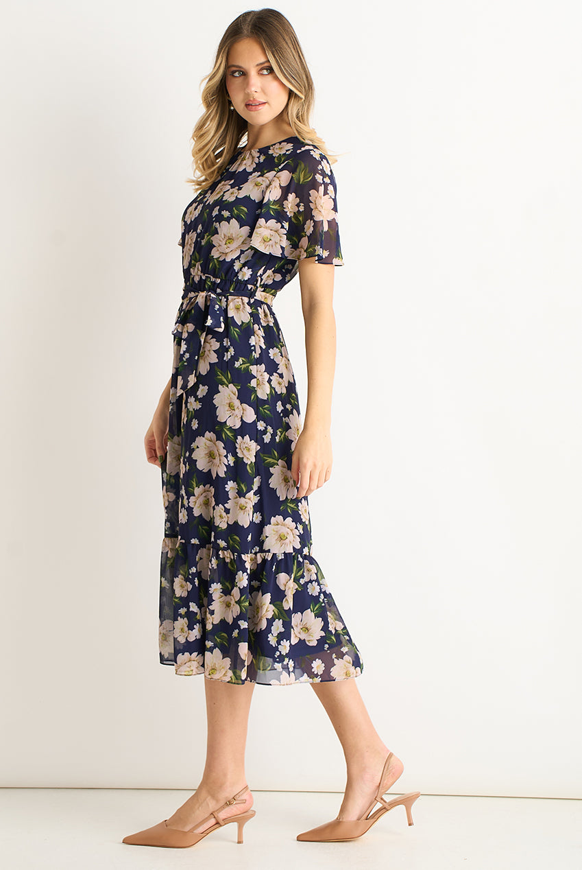 Navy Floral Print Fit & Flare Midi Dress GL2119