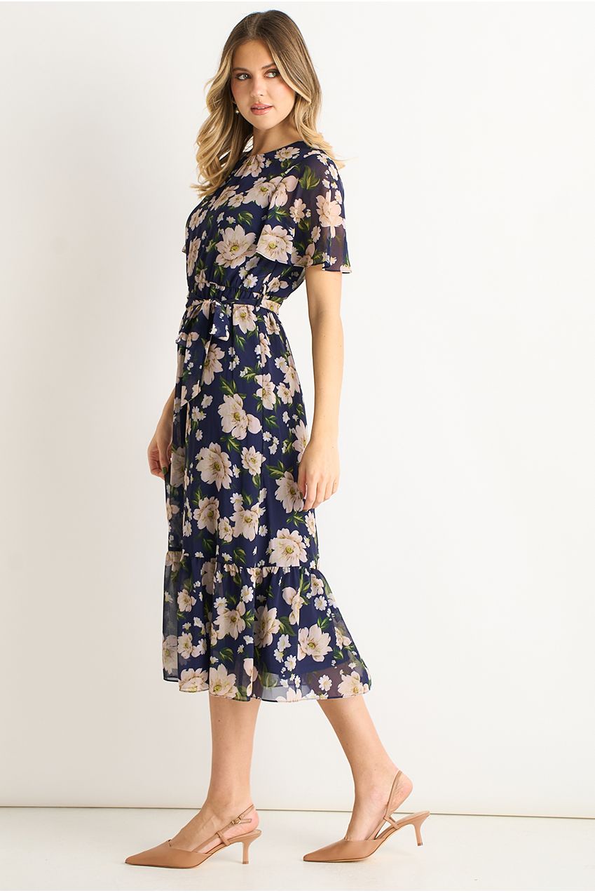 Navy Floral Print Fit & Flare Midi Dress GL2119