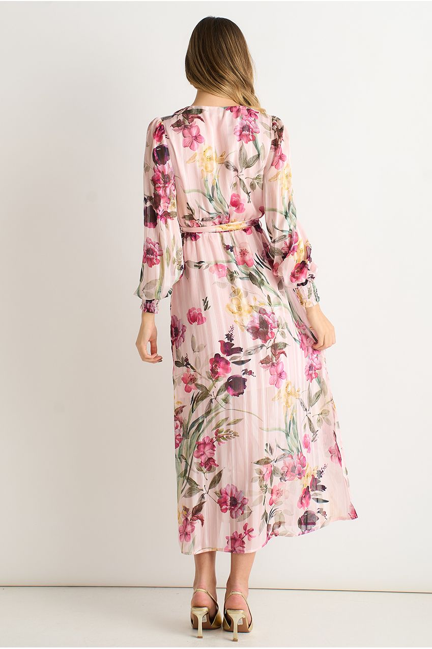 Pink Floral Print Sparkle Chiffon Wrap Midi Dress GL2120