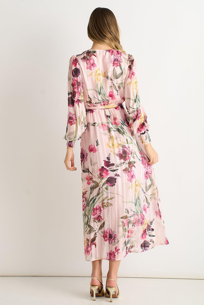Pink Floral Print Sparkle Chiffon Wrap Midi Dress GL2120