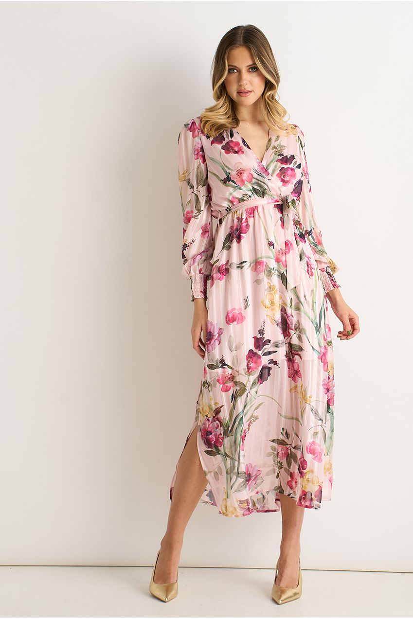 Pink Floral Print Sparkle Chiffon Wrap Midi Dress GL2120
