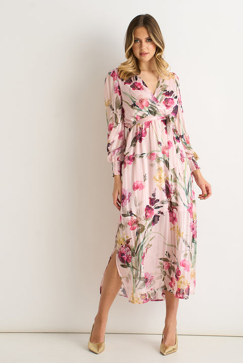 Pink Floral Print Sparkle Chiffon Wrap Midi Dress by Gini London